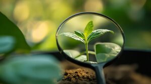 A close up of a plant with a magnifying glass